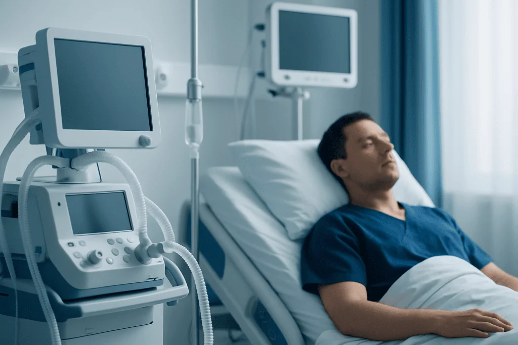 Patient in hospital bed with medical monitors and equipment nearby.