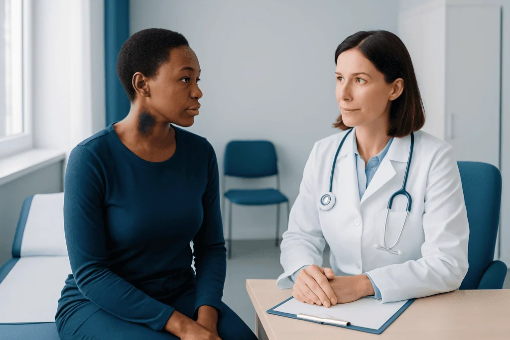 Doctor consulting with a patient in a medical office setting.
