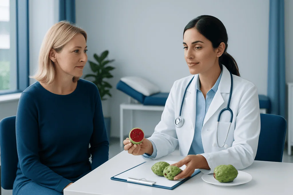 Doctor explaining prickly pear benefits to patient in consultation room.