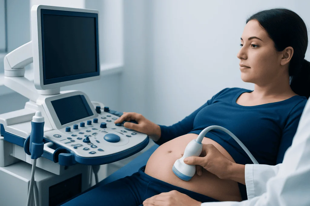 Pregnant woman undergoing ultrasound scan at hospital.