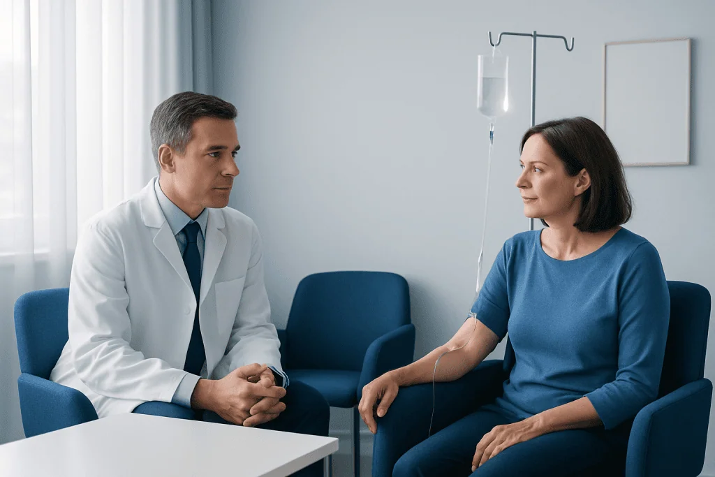 Doctor consulting with a female patient in a hospital room.