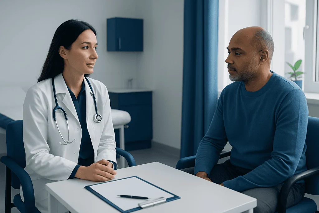 Doctor consulting with a patient in a medical office setting.
