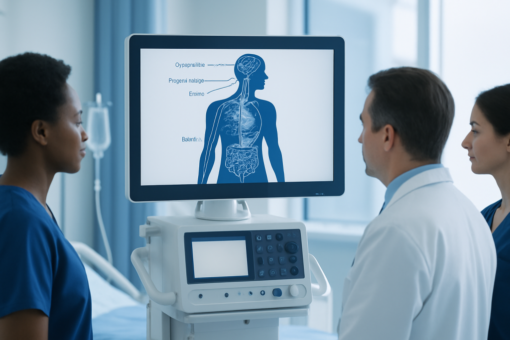Medical professionals studying the autonomic nervous system diagram on a monitor.