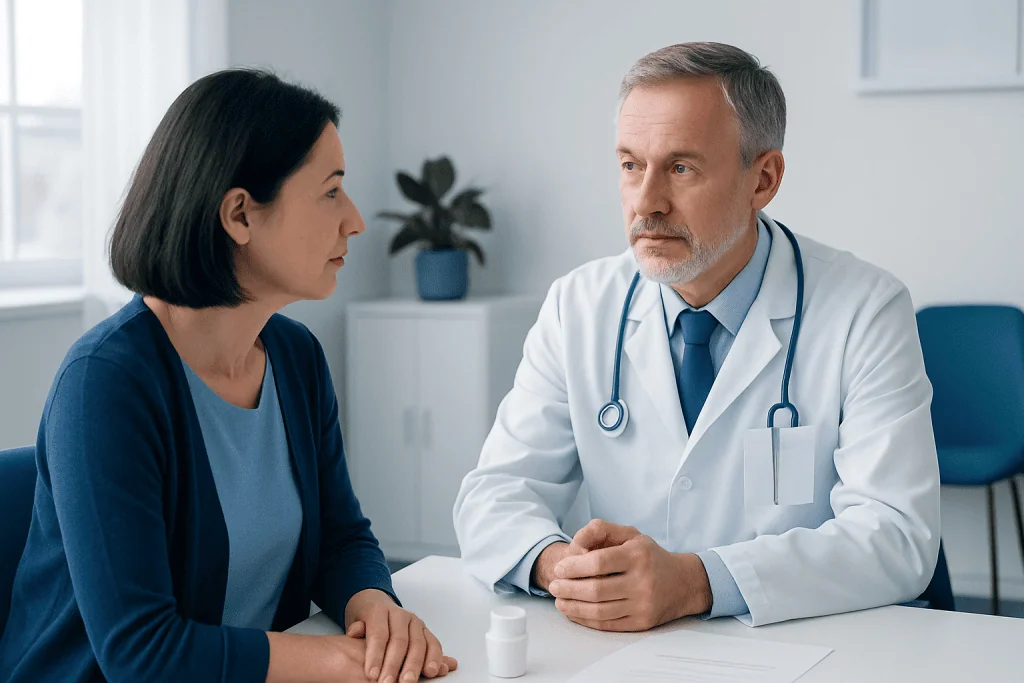 Doctor consulting with a female patient in a medical office.
