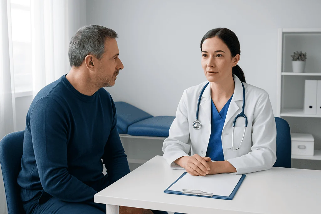 Doctor consulting with patient in a modern medical office.