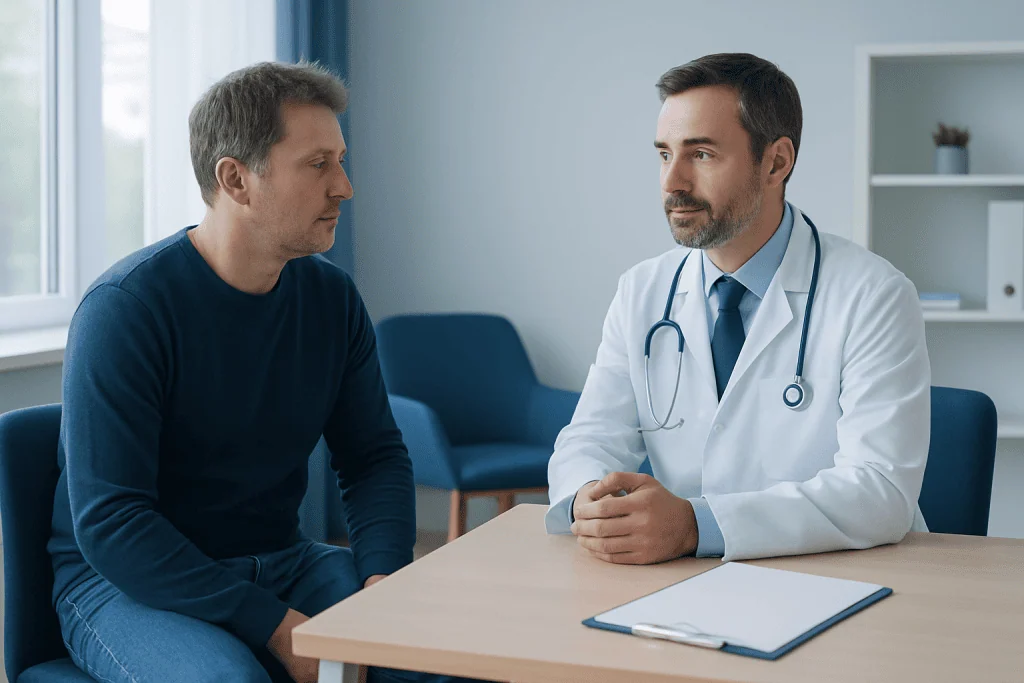 Doctor consulting with male patient in a modern clinic setting.