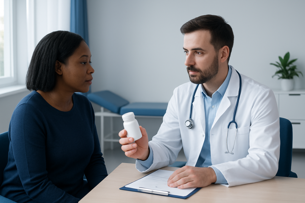 Doctor explaining medication to a patient in a clinic setting.