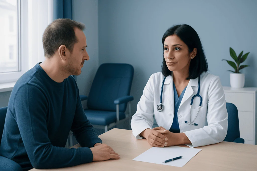 Doctor consulting with a male patient in a medical office setting.