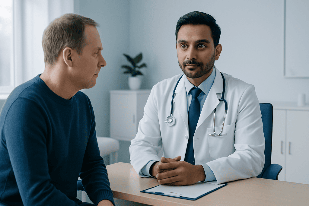 Doctor consulting with a patient in a modern medical office.