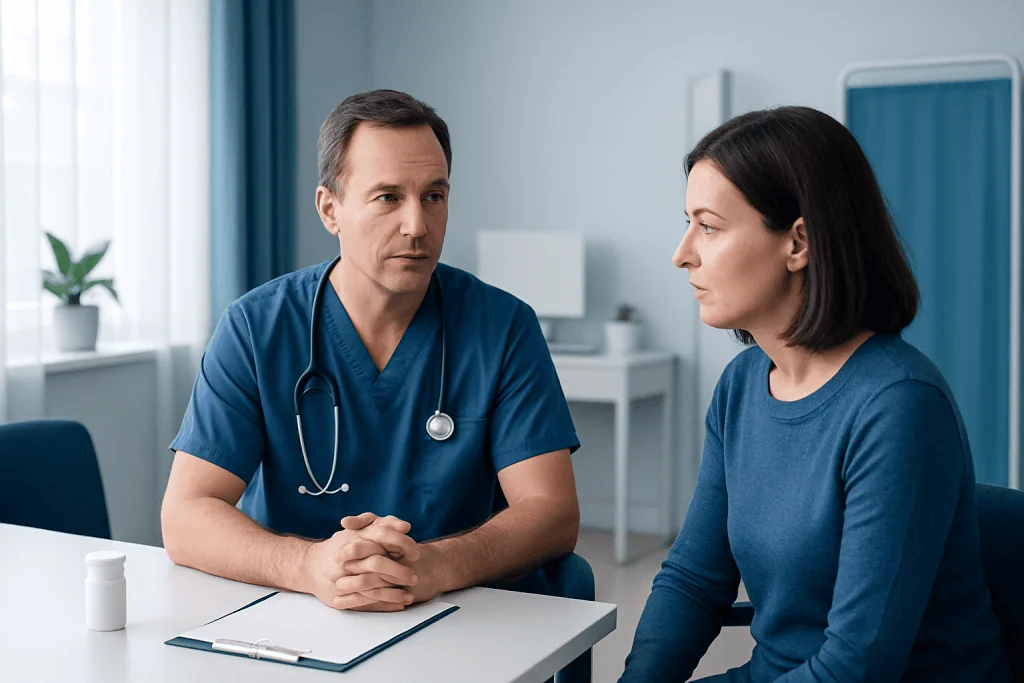 Doctor consulting with a female patient in a medical office.