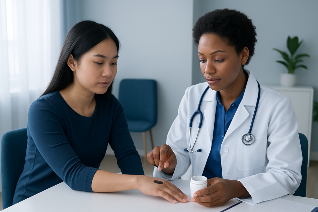 Doctor applying ointment to patient's hand in a clinical setting.