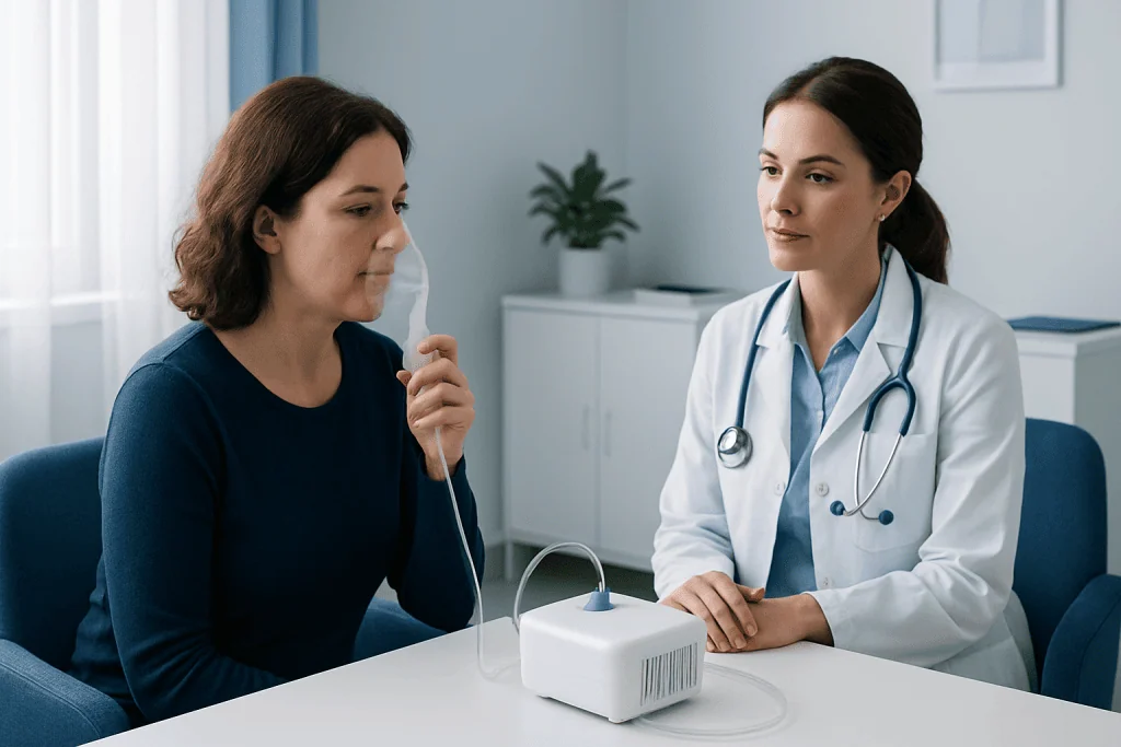 Doctor explains nebulizer use to patient in a clinical setting.