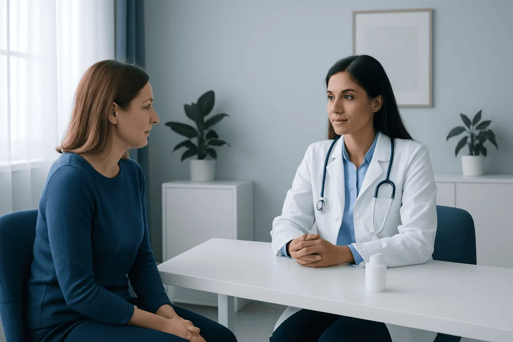 Doctor consulting with a patient in a modern medical office.
