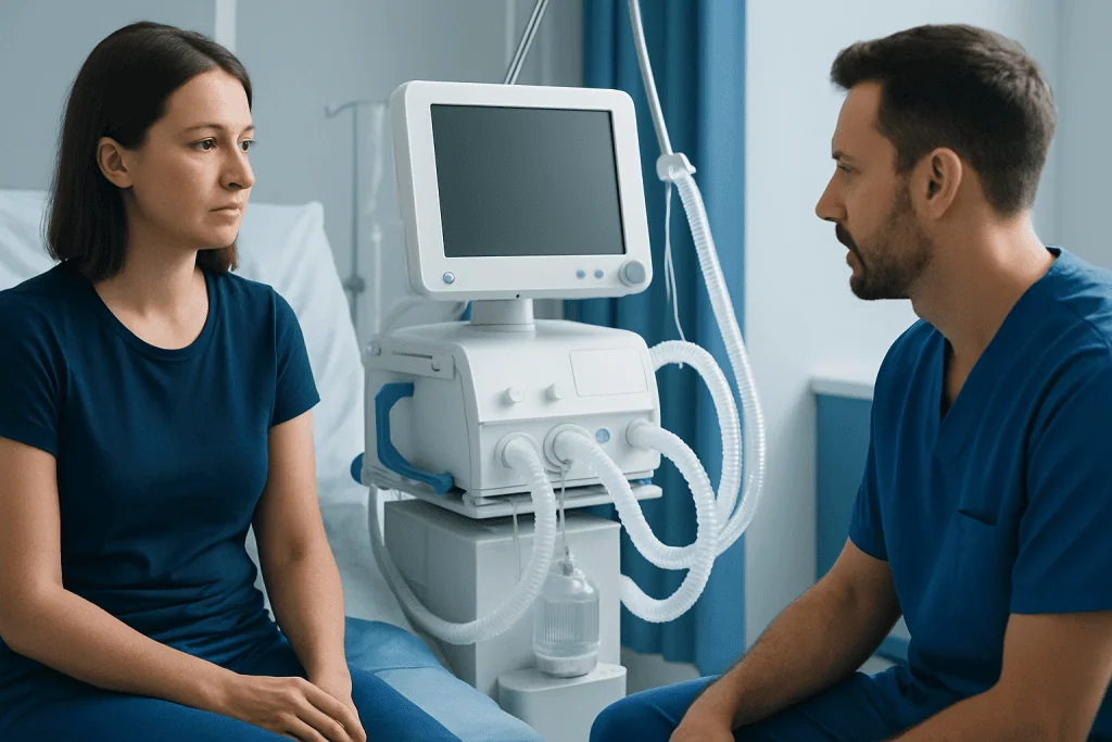 Doctor consulting patient in hospital room with medical equipment.