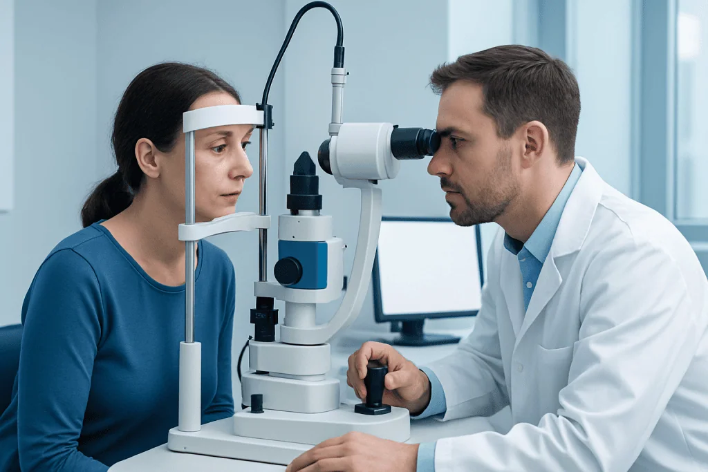 Ophthalmologist examining a patient's eyes with a slit lamp.