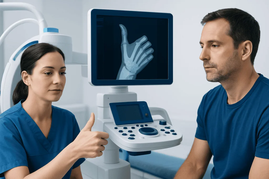 Medical professionals review hand X-ray in a clinical setting.