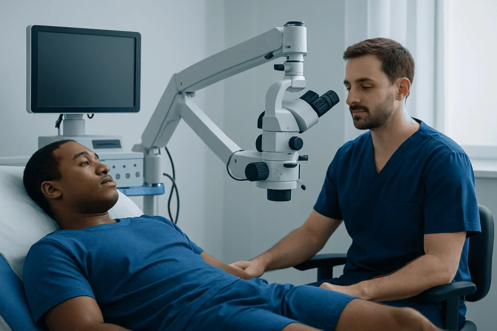 Urologist examining patient with medical microscope in clinic.