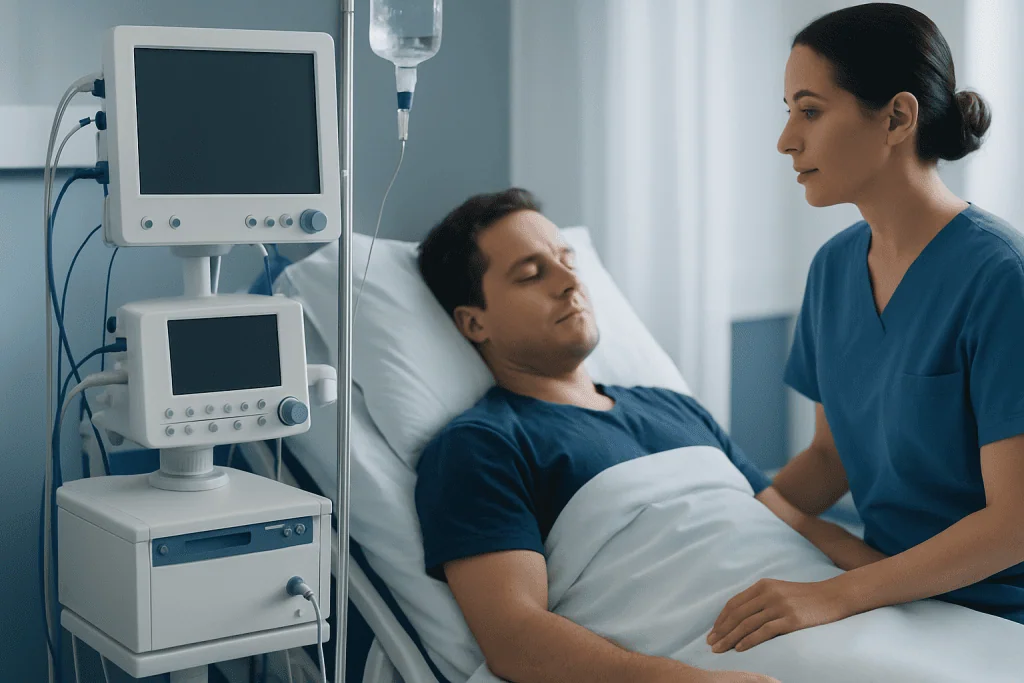 Hospital nurse comforting a patient in bed with medical monitors nearby.