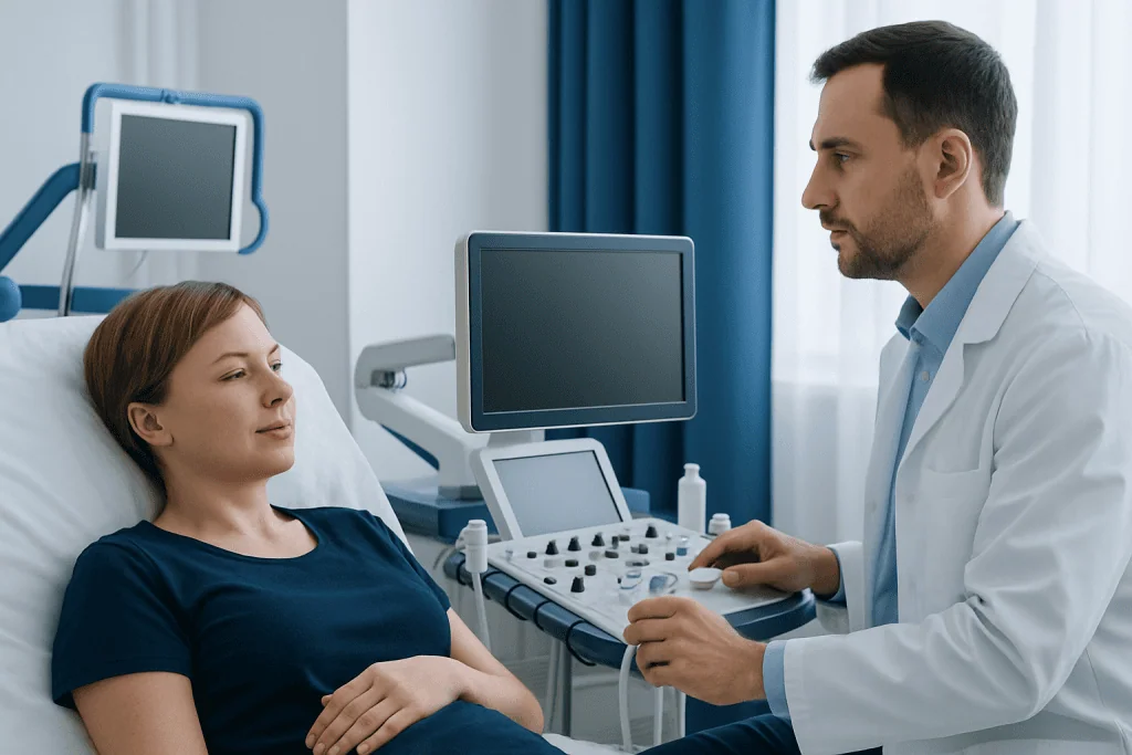 Doctor consulting with a patient in a hospital room with medical equipment.