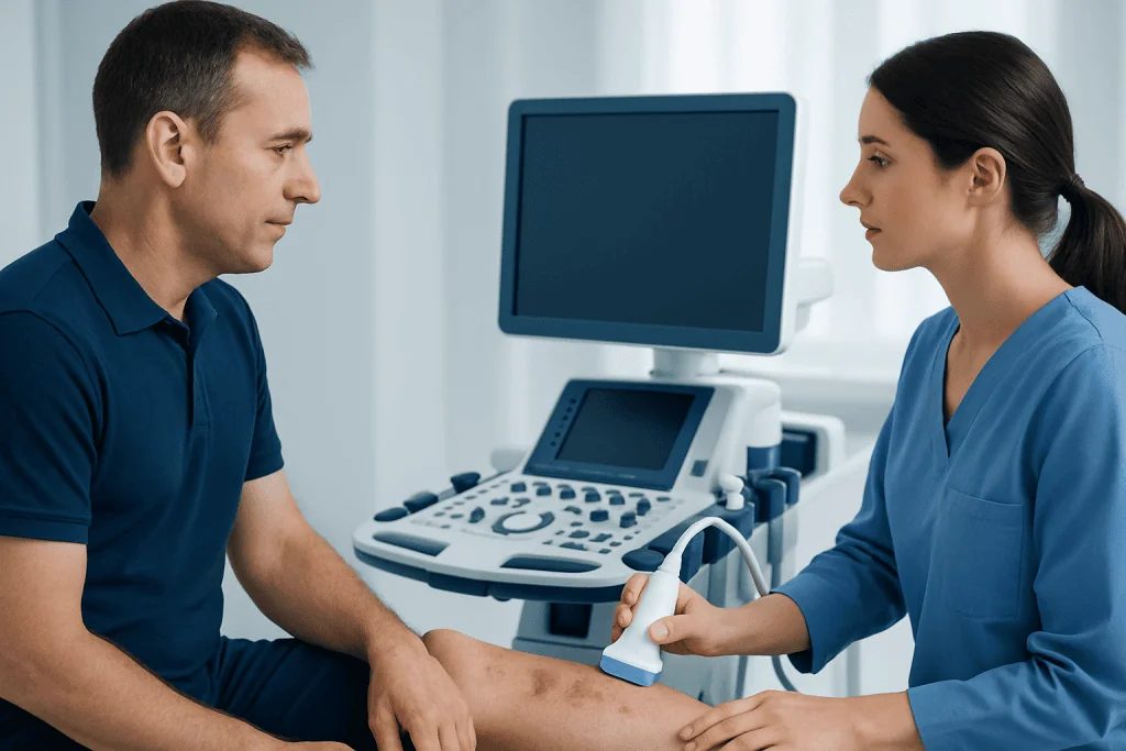Doctor performing an ultrasound examination on a patient's arm in a clinical setting.