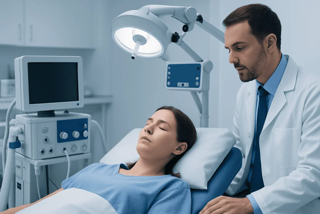 Doctor examining patient in hospital room with medical equipment.
