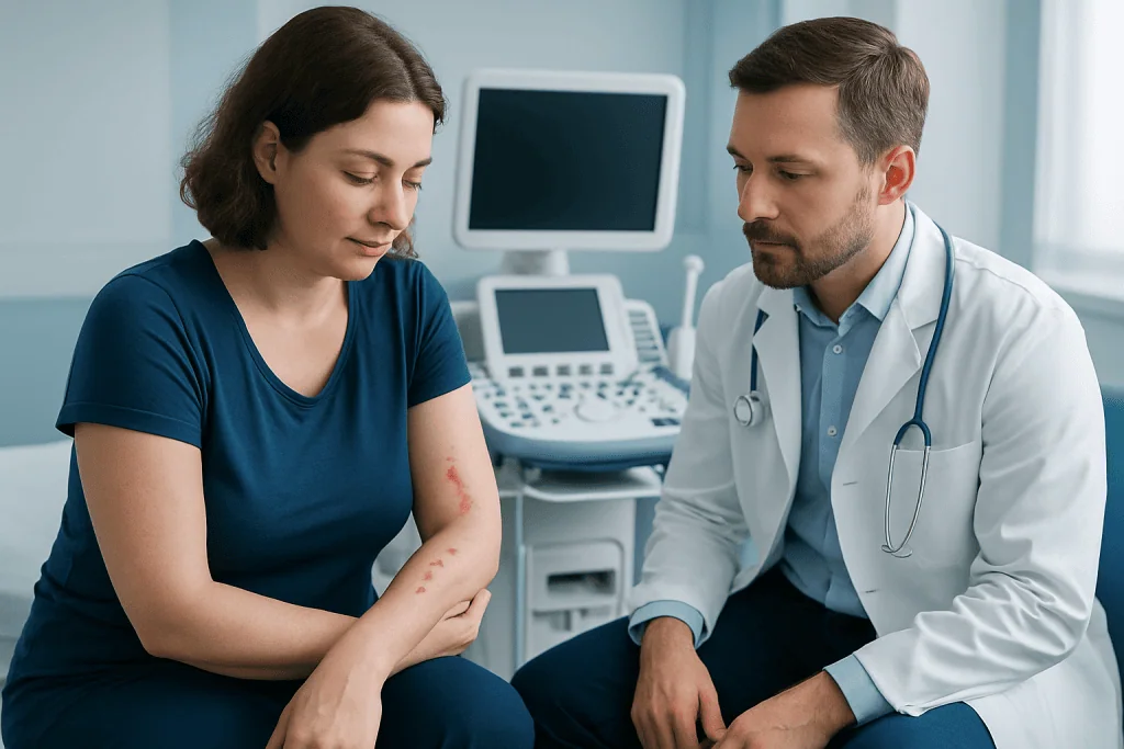 Doctor examining a woman with skin lesions in a clinical setting.