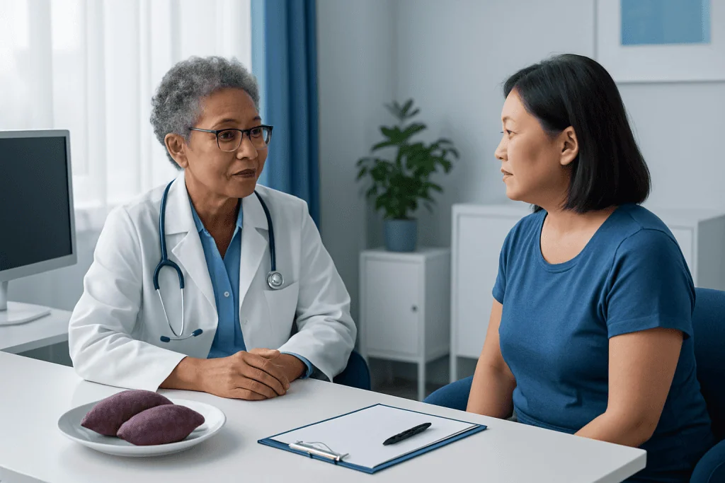 Doctor consulting with a female patient in a medical office.