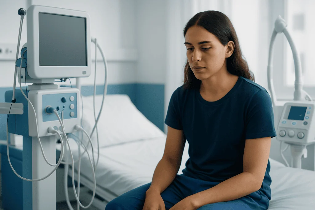 Young woman sitting on hospital bed with medical monitors nearby.