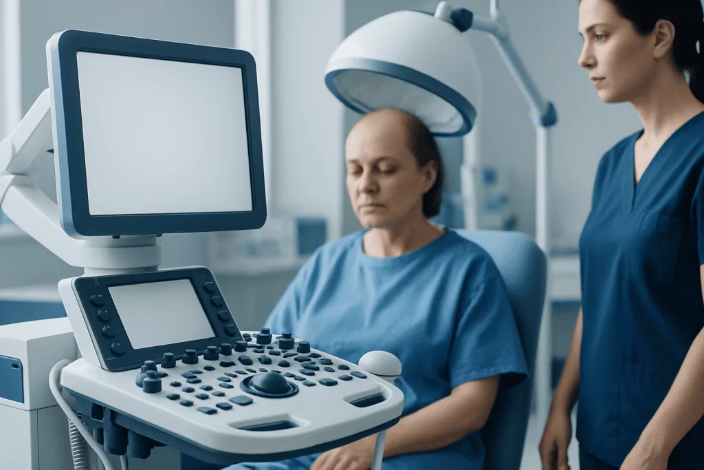 Medical examination with ultrasound device at Acibadem Hospital.