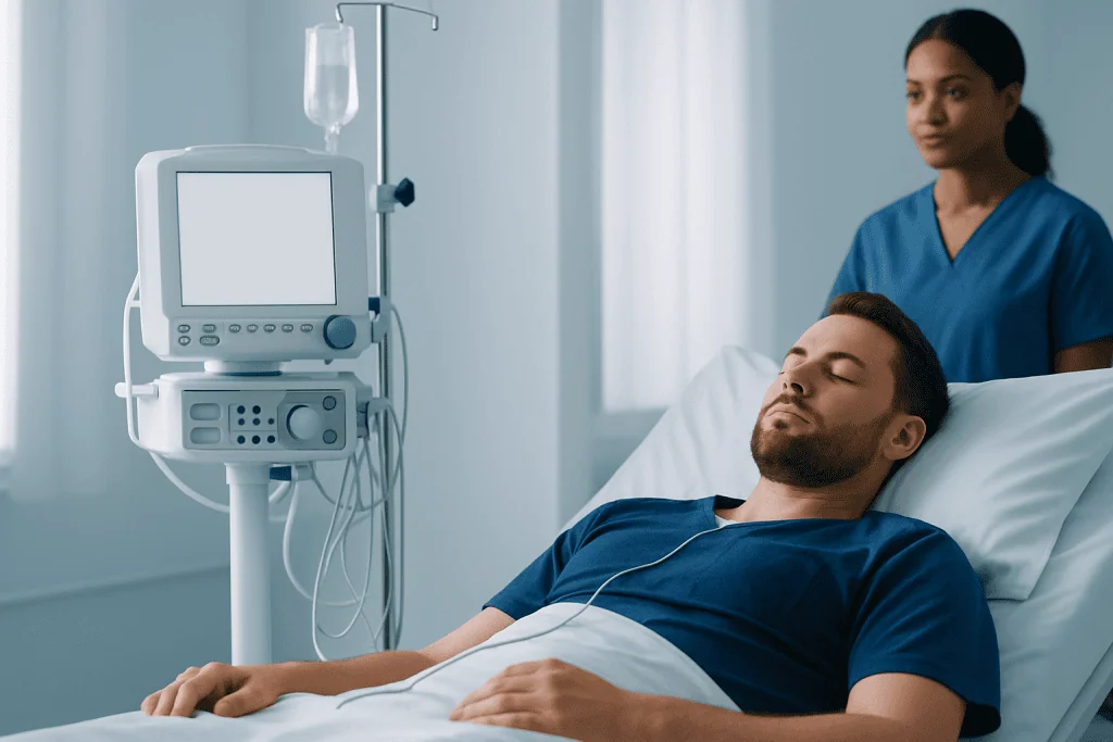 Patient resting in hospital bed with medical monitor and nurse nearby.