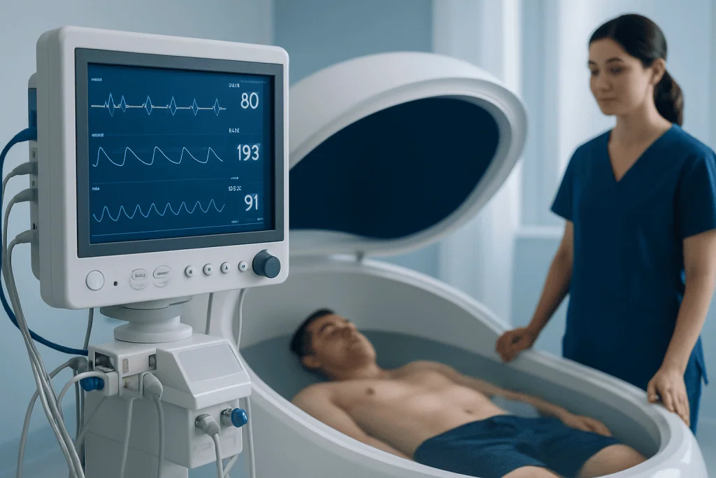 Patient undergoing MRI scan in a medical facility with healthcare professional present.