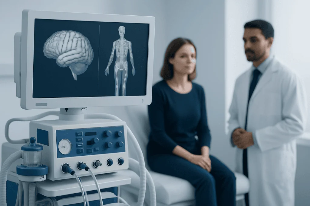 Medical consultation with brain and body scan images on monitor at Acibadem Hospital.