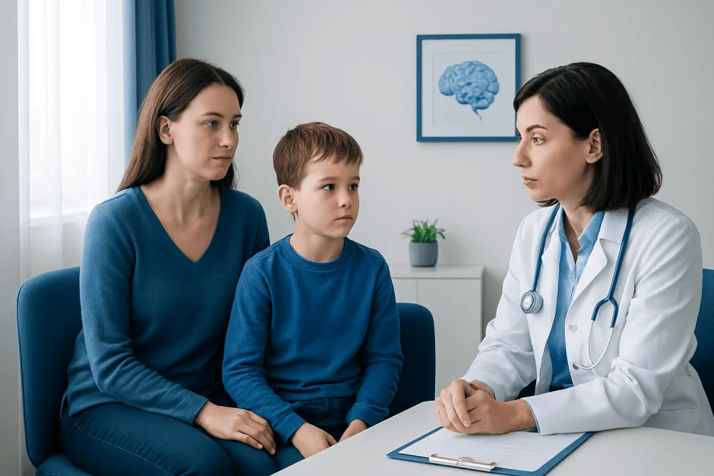 Doctor consulting with a young boy and his mother in a medical office.