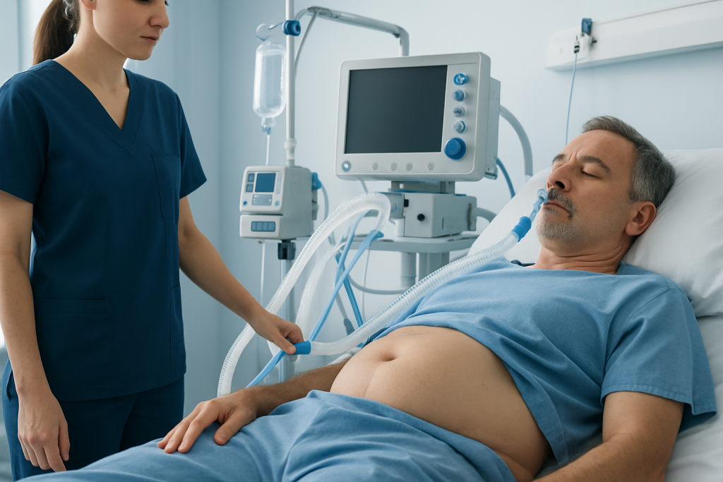 Patient undergoing ventilator support in hospital ICU.