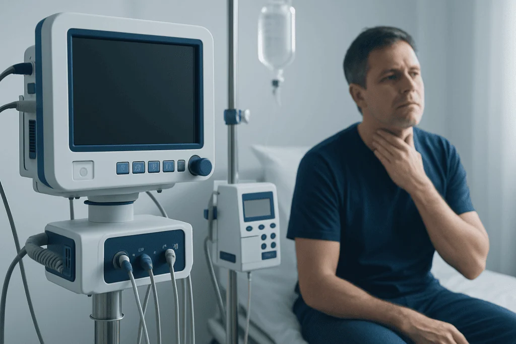 Man in hospital room with medical equipment, holding his throat.