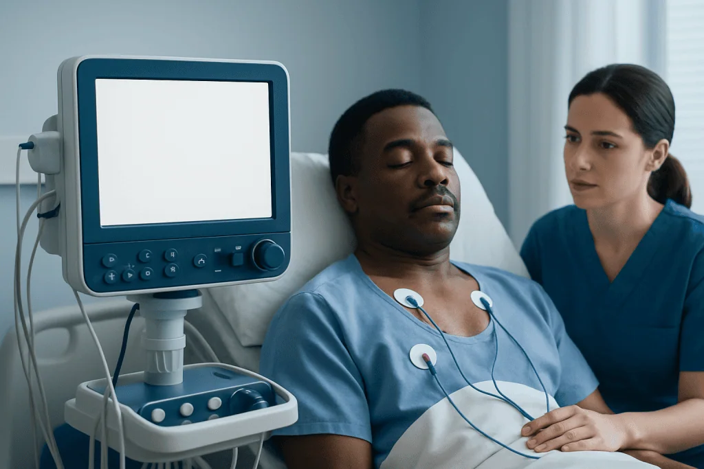 Patient undergoing cardiac monitoring in a hospital setting.