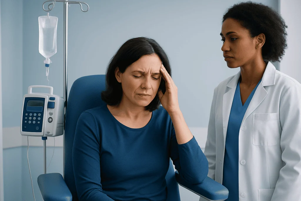Woman with headache consulting a doctor in hospital setting.