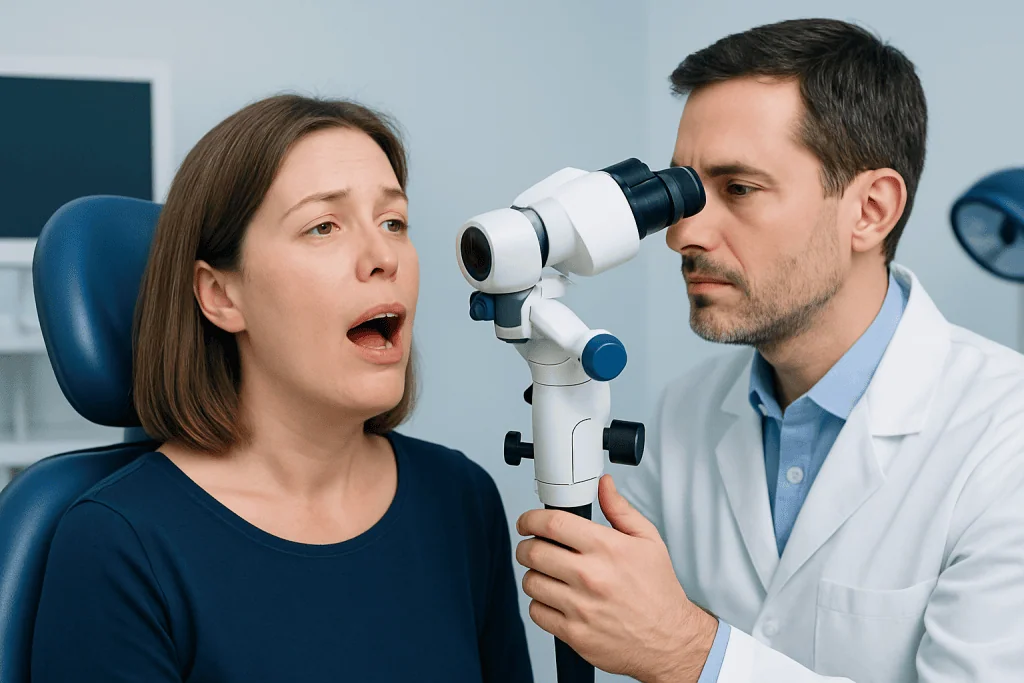 Dentist examining patient's mouth with a microscope in a clinical setting.