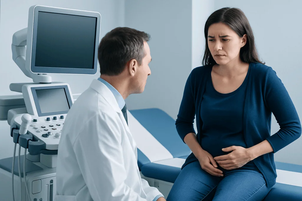 Doctor consulting with a woman patient in a medical examination room.