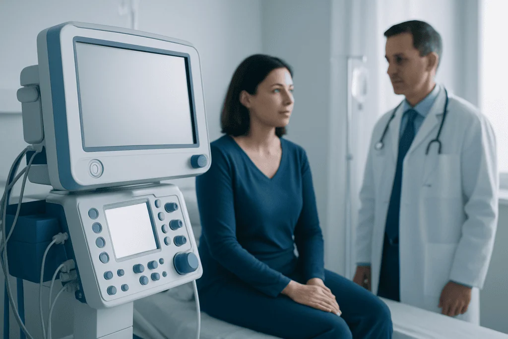 Doctor consulting female patient in a medical examination room.