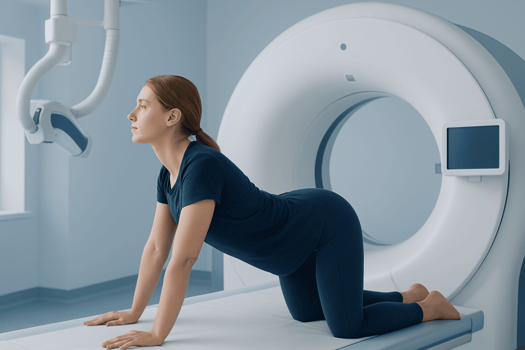 Woman performing a medical MRI scan in a hospital setting.