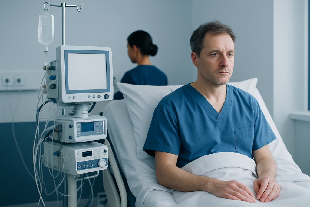 Patient in hospital bed with medical equipment and nurse in background.