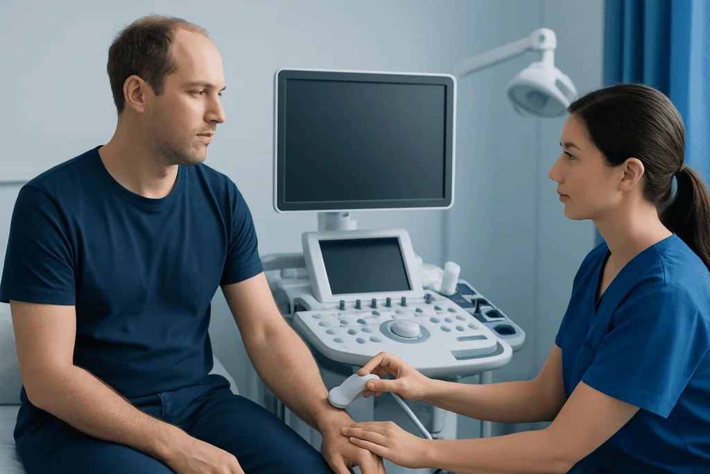 Doctor performing an ultrasound examination on a male patient in a medical clinic.