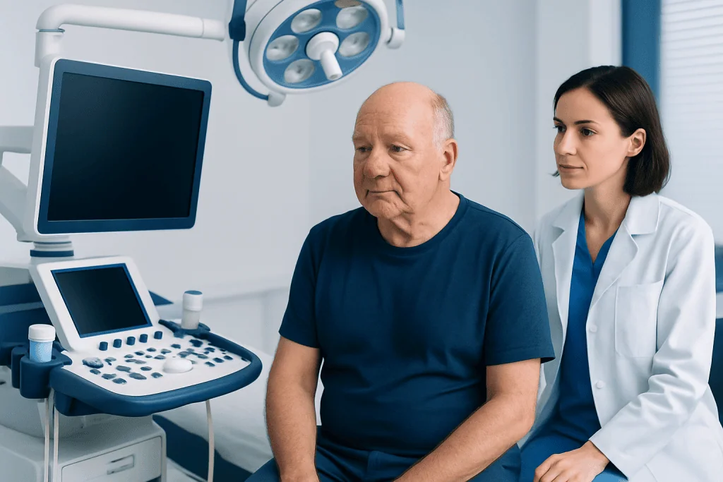 Doctor performing an ultrasound examination on an elderly male patient.