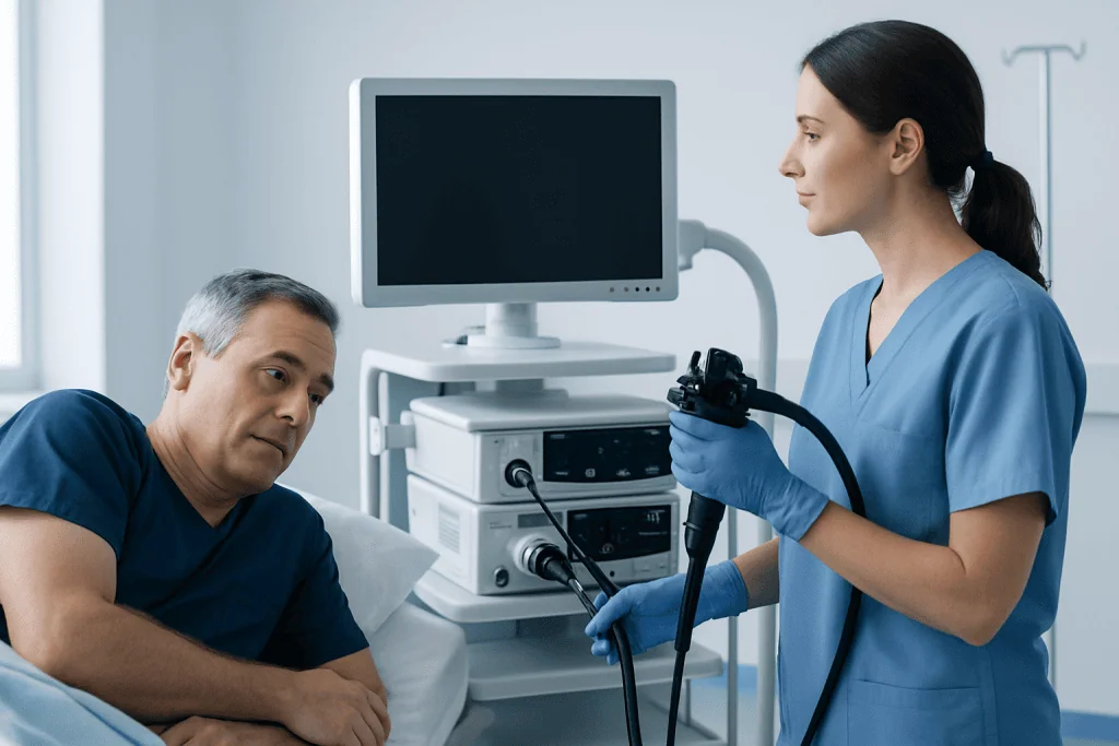 Doctor performing endoscopy on patient in hospital room.