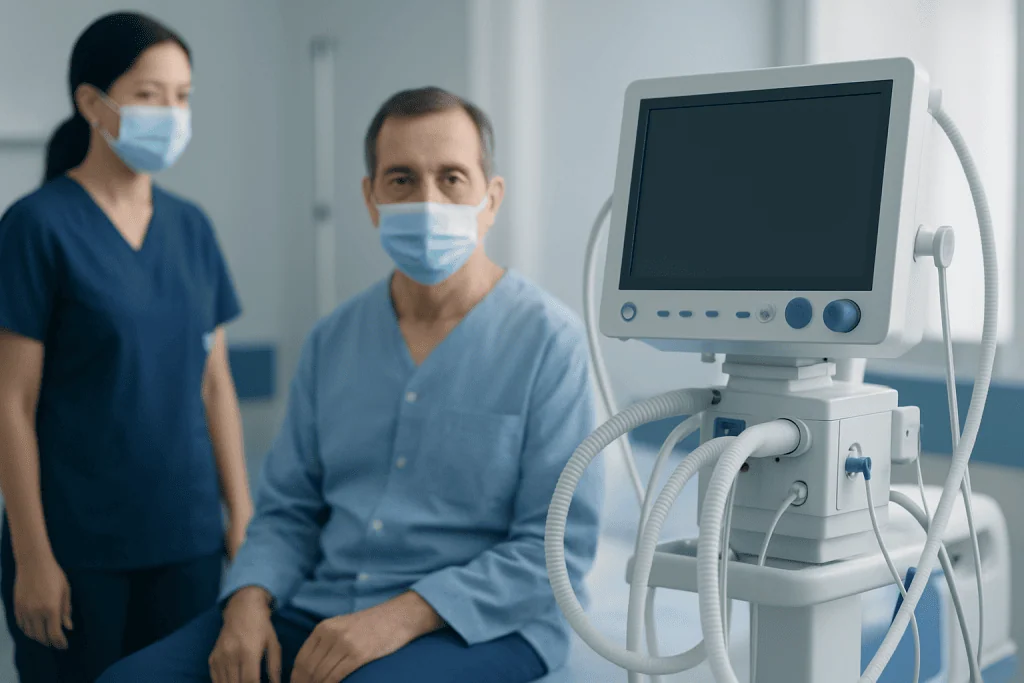 Medical professionals with patient and ultrasound machine in hospital setting.