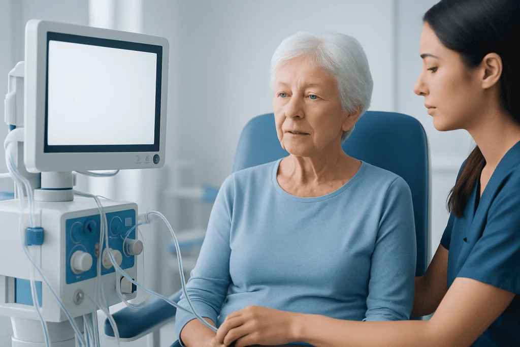 Elderly woman undergoing a medical examination with a healthcare professional.
