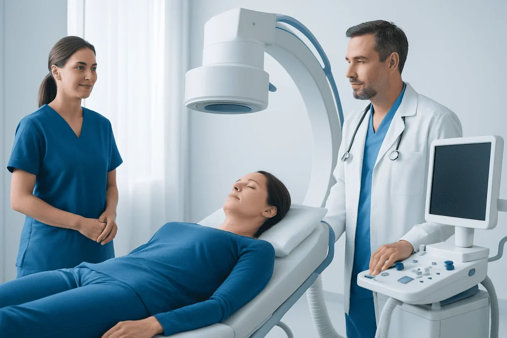 Medical professionals preparing for a patient MRI scan at Acibadem Hospital.