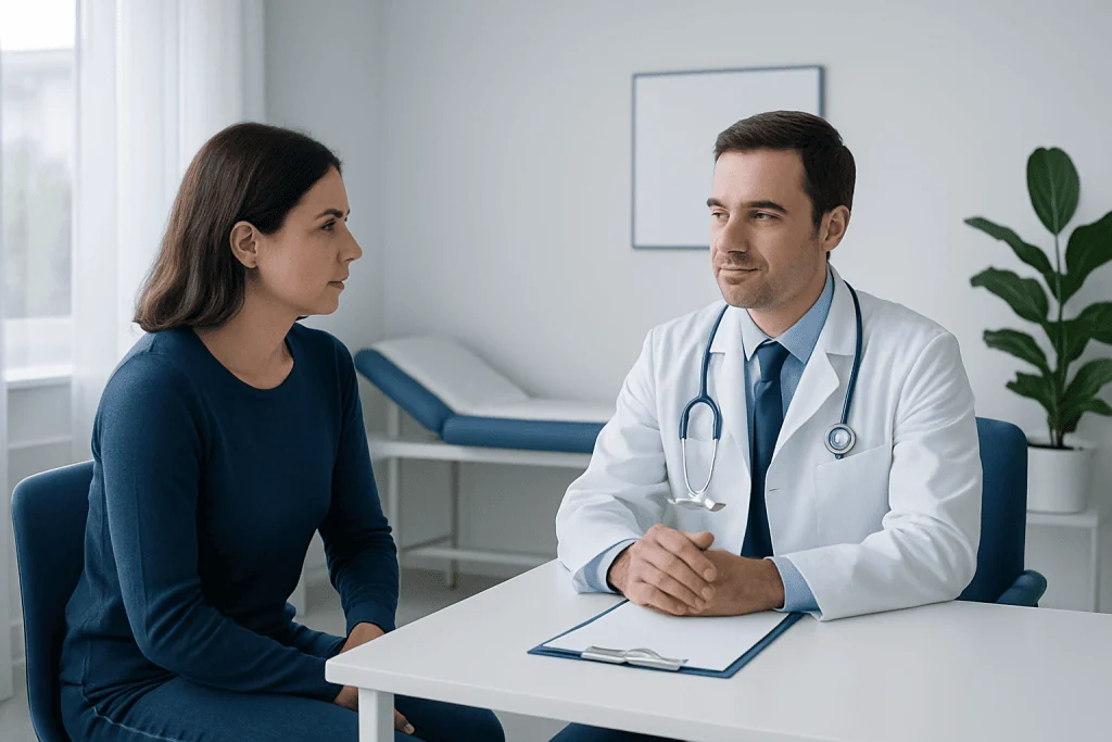 Doctor consulting with a female patient in a modern medical office.