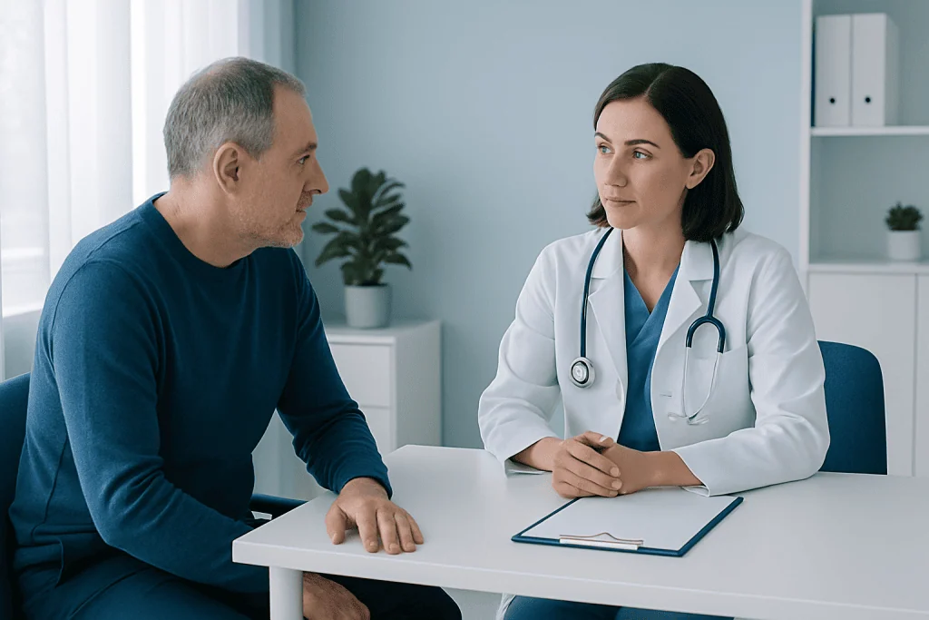 Doctor consulting with a patient in a modern medical office.